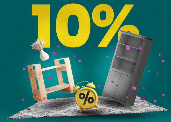 Banner prikazuje dvije knjižne police, tepih i budilicu s velikim žutim tekstom „10%“.