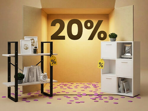 Minimalističke police od crnog metala i svijetlog drva s bijelim kockastim ormarićima u kutijastom prikazu, uz 20% popusta na namje&scaron;taj za pohranu.