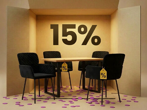 Blagovaonski stol s crnim tapeciranim stolicama u kutijastom prikazu, uz 15% popusta na blagovaonski namje&scaron;taj.