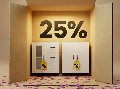 Moderni bijeli ormari i komode u kutijastom prikazu, uz 25% popusta na namje&scaron;taj za pohranu.