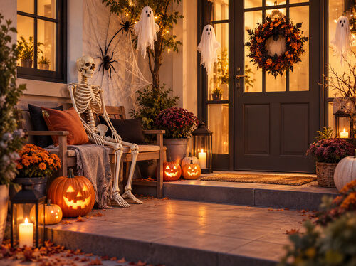 Trijem ukra&scaron;en za Halloween sa svijetlećim bundevama, kosturom na klupi, visećim duhovima, paučinom i toplim blagdanskim lampicama.