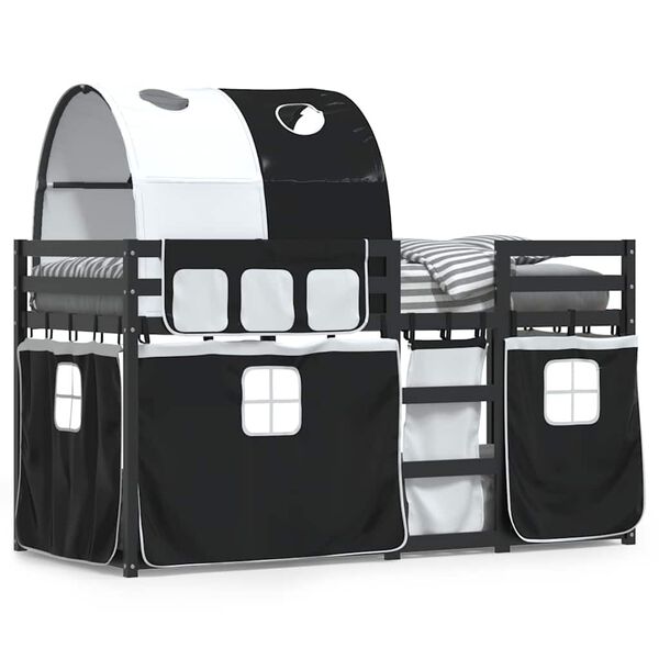 vidaXL Krevet na kat sa zavjesama bijelo-crni 90 x 190 cm od borovine