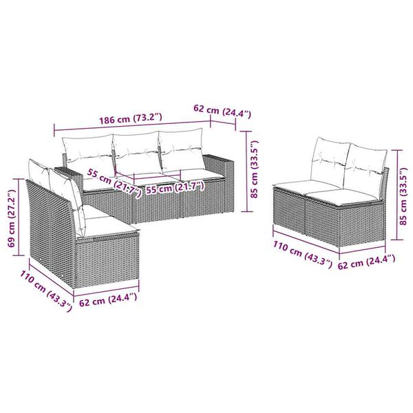 vidaXL 7-dijelni set vrtnih sofa od poliratana s jastucima smeđi