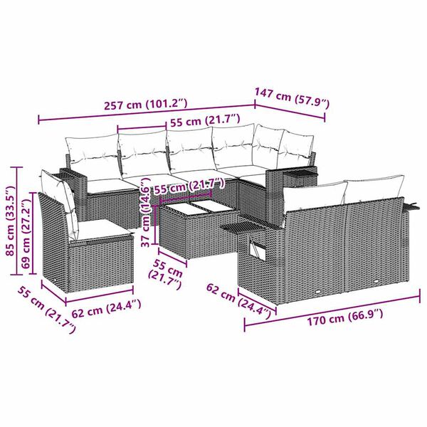 vidaXL 9-dijelni set vrtnih sofa s jastucima crni od poliratana