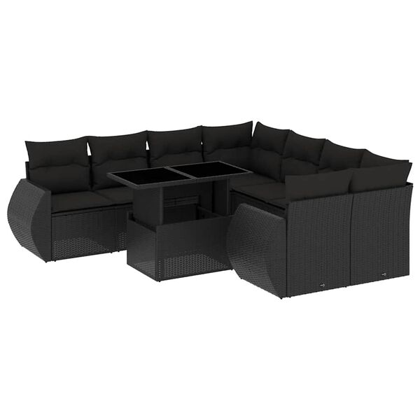 vidaXL 9-dijelni set vrtnih sofa s jastucima crni od poliratana