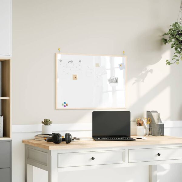 vidaXL Magnetna bijela ploča s okvirom od masivnog borovog drva 80 x 55 cm