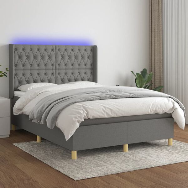 vidaXL Krevet box spring s madracem LED tamnosivi 140x190 cm tkanina