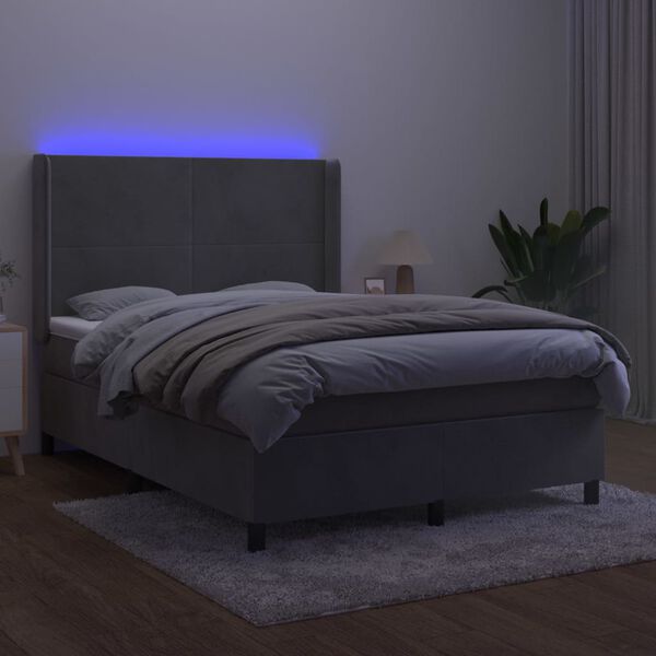 vidaXL Krevet box spring s madracem LED svjetlosivi 140x190 cm bar&scaron;un