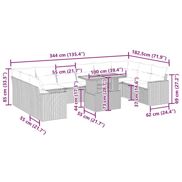 vidaXL 11-dijelni set vrtnih sofa od poliratana s jastucima bež
