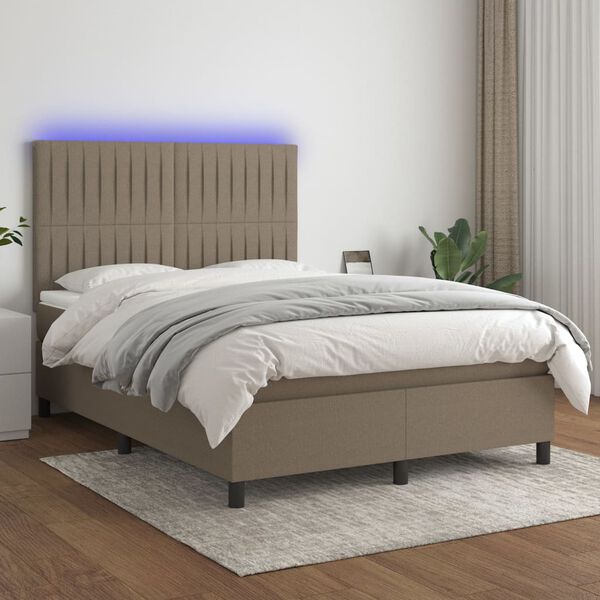 vidaXL Krevet box spring s madracem LED smeđesivi 140x190 cm tkanina