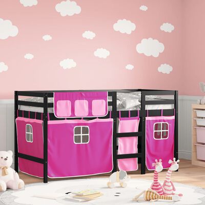 vidaXL Dječji krevet na kat i zavjese ružičasti 90x190 cm borovina