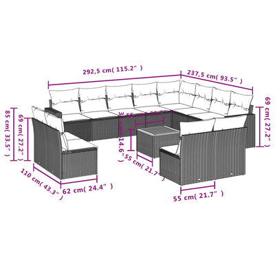 vidaXL 13-dijelni set vrtnih sofa s jastucima poliratan Bež