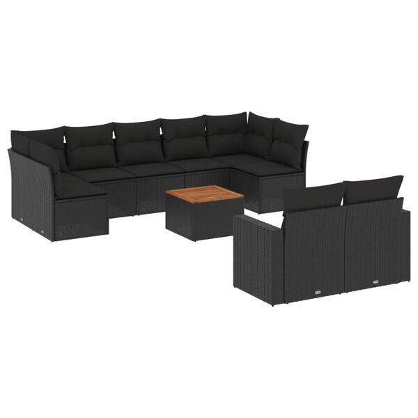 vidaXL 10-dijelni set vrtnih sofa s jastucima crni od poliratana