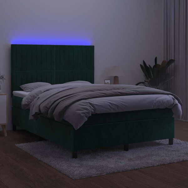vidaXL Krevet box spring s madracem LED tamnozeleni 140x190 cm bar&scaron;un