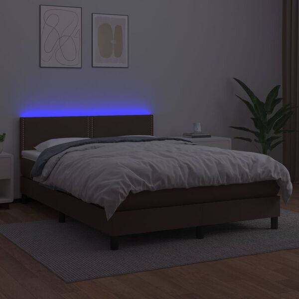 vidaXL Krevet box spring s madracem LED smeđi 140x190 cm umjetna koža