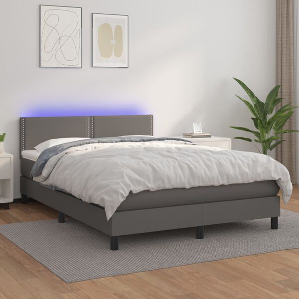 vidaXL Krevet box spring s madracem LED sivi 140x190cm od umjetne kože