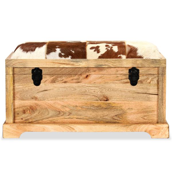 vidaXL Klupa za pohranu od prave kože i masivnog drva manga 80 x 44 x 44 cm