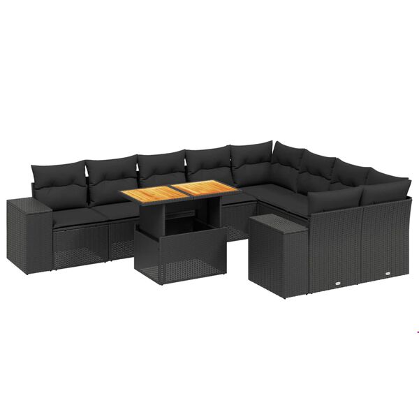 vidaXL 10-dijelni set vrtnih sofa s jastucima crni od poliratana