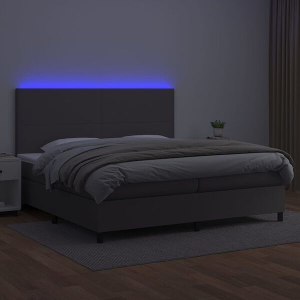 vidaXL Krevet box spring s madracem LED sivi 200x200cm od umjetne kože