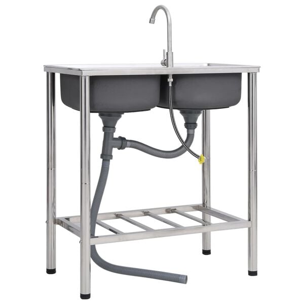 vidaXL Sudoper za kampiranje s 2 kadice i slavinom nehrđajući čelik