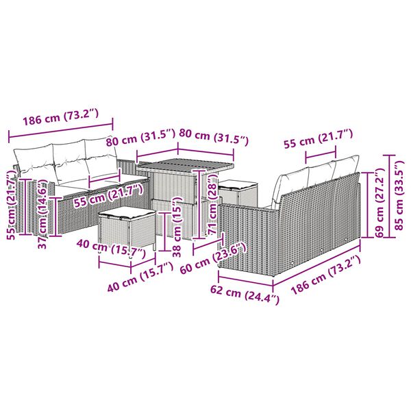 vidaXL Sjedeća garnitura za vrt s jastukom s pohranom 9 pcs Crna