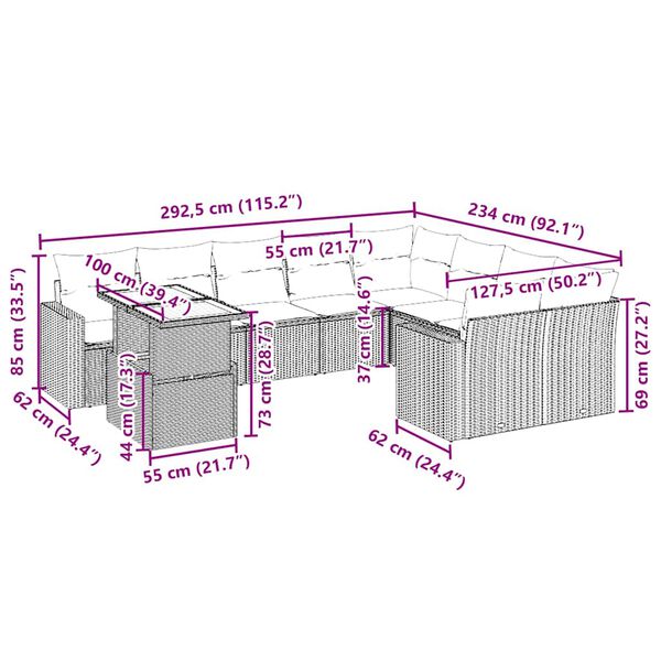 vidaXL 10-dijelni set vrtnih sofa s jastucima bež od poliratana