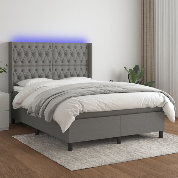 vidaXL Krevet box spring s madracem LED tamnosivi 140x190 cm tkanina