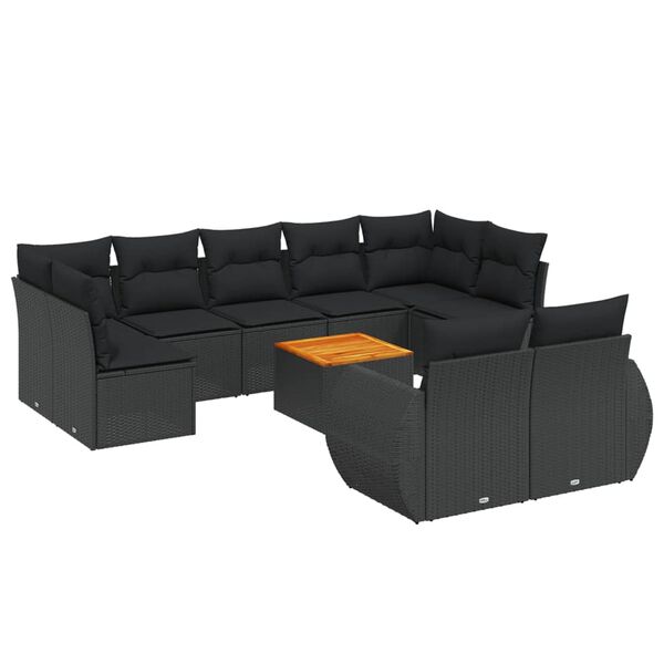 vidaXL 10-dijelni set vrtnih sofa s jastucima crni od poliratana