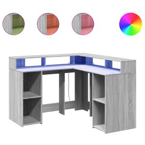 vidaXL Radni stol s LED svjetlima siva boja hrasta 130x130x91cm drveni