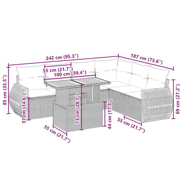 vidaXL 7-dijelni set vrtnih sofa od poliratana s jastucima bež