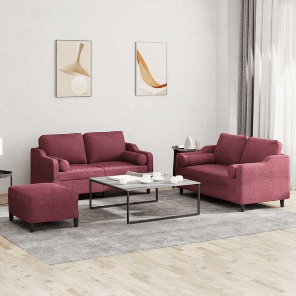 vidaXL 3-dijelni set sofa s jastucima crvena boja vina od tkanine