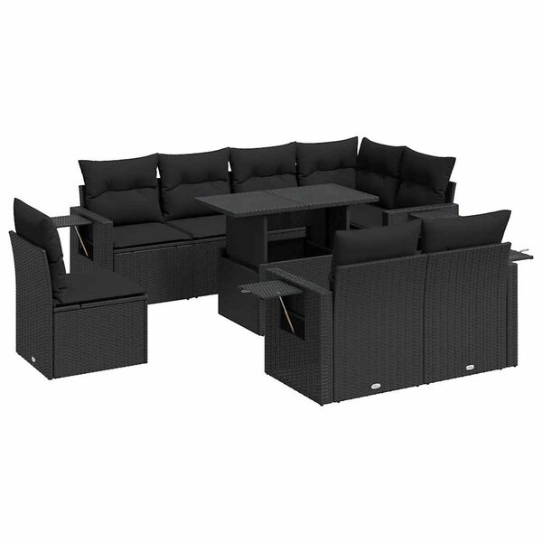 vidaXL 9-dijelni set vrtnih sofa s jastucima crni od poliratana