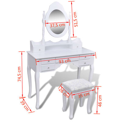vidaXL Toaletni stol s ogledalom i stolicom 7 ladica bijeli
