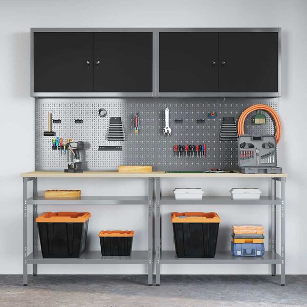 vidaXL Set radnog stola s policom s pohranom Podesiva 8 pcs Siva Čelik