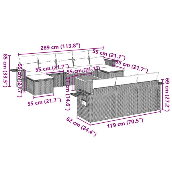 vidaXL 11-dijelni set vrtnih sofa od poliratana s jastucima crni