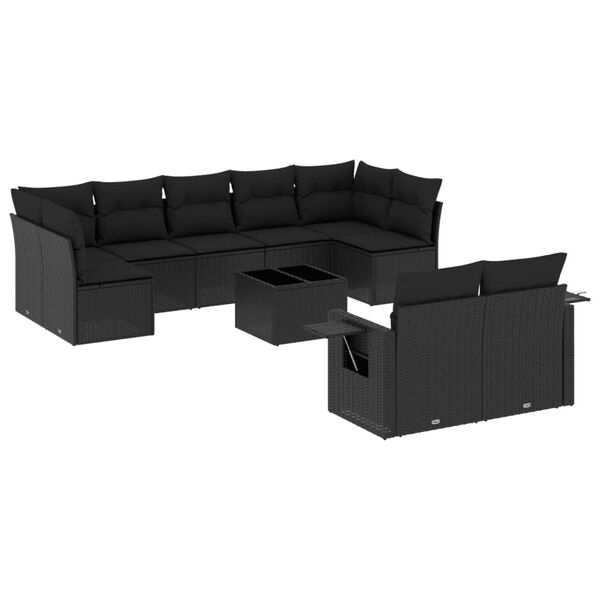 vidaXL 10-dijelni set vrtnih sofa s jastucima crni od poliratana