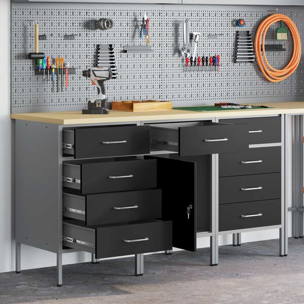 vidaXL Radni ormar s ladicama 3 pcs Crna i Siva 150 x 55 x 85 cm