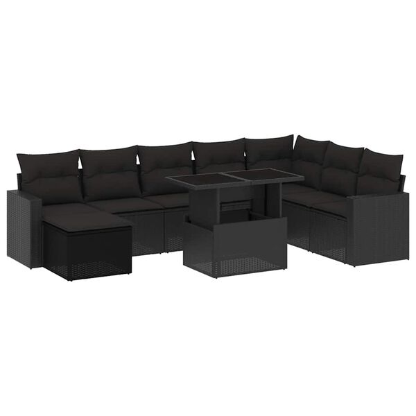 vidaXL 9-dijelni set vrtnih sofa s jastucima crni od poliratana