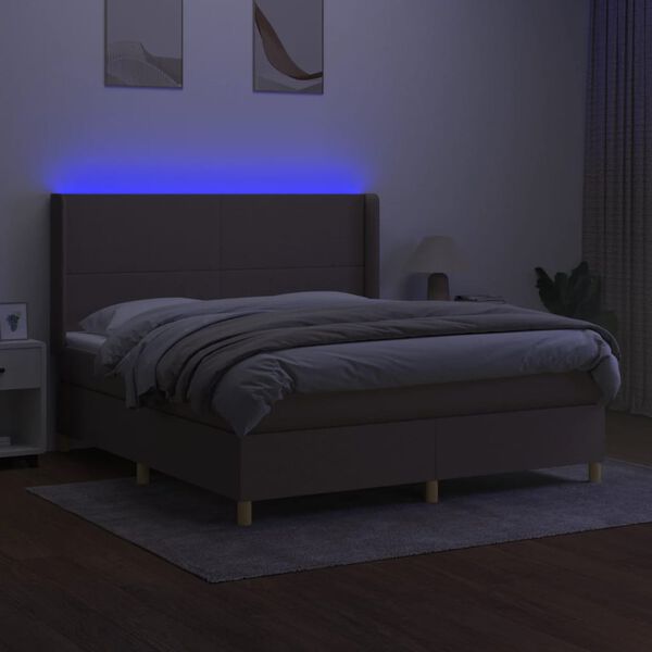 vidaXL Krevet box spring s madracem LED smeđesivi 160x200 cm tkanina