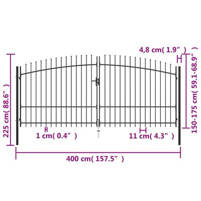vidaXL Dvostruka vrata za ogradu s ukrasnim kopljima 400 x 225 cm