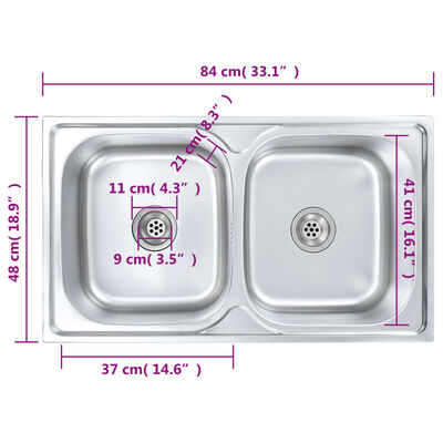 vidaXL Dvostruki sudoper s cjedilom i sifonom od nehrđajućeg čelika