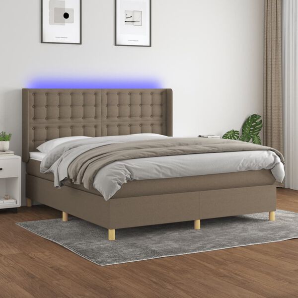 vidaXL Krevet box spring s madracem LED smeđesivi 180x200 cm tkanina