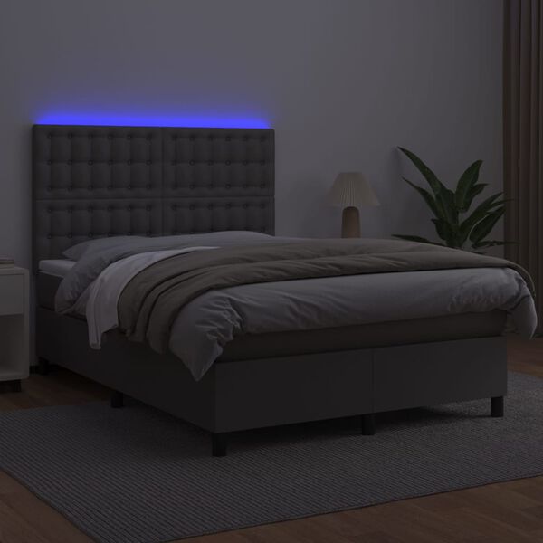 vidaXL Krevet box spring s madracem LED sivi 140x200cm od umjetne kože