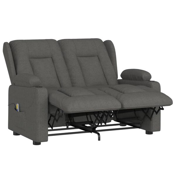 vidaXL Masažni dvosjed od tkanine s držačima čaša tamnosivi