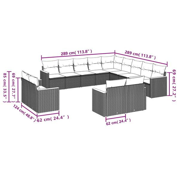 vidaXL 13-dijelni set vrtnih sofa od poliratana s jastucima sivi