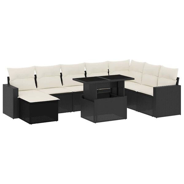 vidaXL 9-dijelni set vrtnih sofa s jastucima crni od poliratana