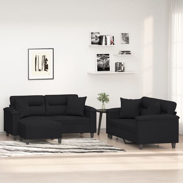 vidaXL 3-dijelni set sofa s jastucima crni od mikrovlakana