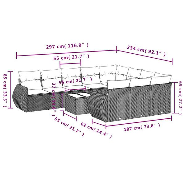 vidaXL 11-dijelni set vrtnih sofa od poliratana s jastucima crni