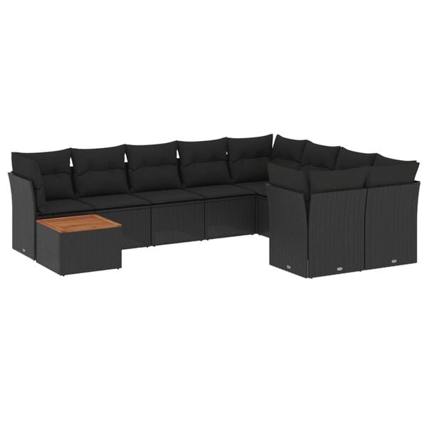 vidaXL 10-dijelni set vrtnih sofa s jastucima crni od poliratana