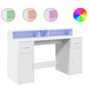 vidaXL Radni stol s LED svjetlima bijeli 140 x 55 x 91 cm drveni